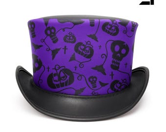 Halloween Leather Top Hat | Gothic Steampunk Hat | Pumpkin Skull Bat Design | Festival, Cosplay, Costume Party Accessory