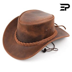 Western Leather Cowboy Hat | Handmade Brown Outback Hat for Men, Genuine Leather Western Style, Rustic Rancher Biker Hat Country Concert Hat