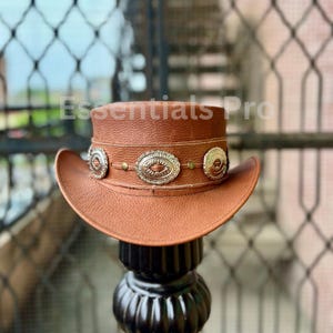 Brown Distressed Leather Steampunk Top Hat, Handmade Western Victorian Cosplay Hat with Conchos, Festival Gift for Him Her USA, Unique Gift