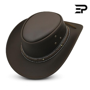 Australian Leather Cowboy Hat | Bush Outback Western Hat for Men & Women | Summer Lightweight Ranch Style Hat | Dark Brown Cowboy Hat