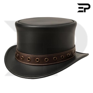Black Leather Steampunk Top Hat with Brown Grommet Band, Handmade Unisex Gothic Festival Hat, Victorian Cosplay Headwear