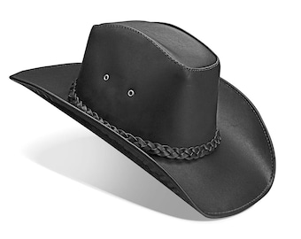 May include: A black leather cowboy hat featuring a structured crown, a wide curved brim, and a decorative braided leather hatband. The side of the crown includes two silver-toned metal ventilation eyelets for airflow and stitching details.