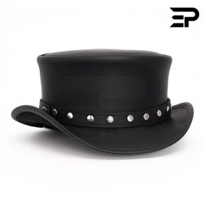Black Leather Steampunk Top Hat, Gothic Rocker Hat with Silver Studs, Handmade Festival Biker Hat for Men & Women