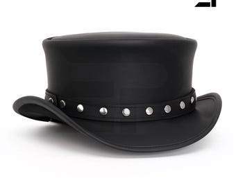 Sombrero de copa steampunk de cuero negro, sombrero rockero gótico con tachuelas plateadas, sombrero de motociclista de festival hecho a mano para hombres y mujeres.