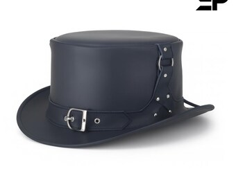 El Dorado Steampunk Black Leather Top Hat – Gothic Biker Festival Unisex Buckle Band Hat