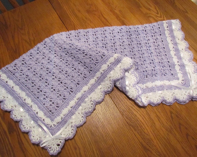 READY TO SHIP Baby Blanket Heirloom Lace Crochet Afghan Pale Lavender and White With Ribbon Trim