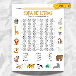 Sopas de letras en español para niños: 5 temas divertidos / Incluye clave / Aprende español / Material educativo / Sopa de letras