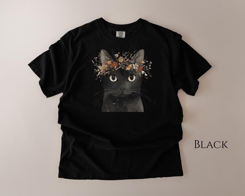 Floral Cat Shirt, Black Cat With Floral Crown, Boho Cat Plants Shirt ...
