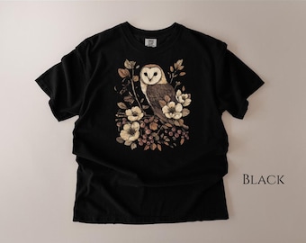 Barn Owl Floral Shirt, Vintage Botanical Owl T-Shirt, Woodland Nature Lover Tee, Cottagecore Aesthetic Graphic Tee, Wildlife Animal Gift