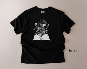 Book Dragon Floral T-Shirt, Botanical Reading Illustration