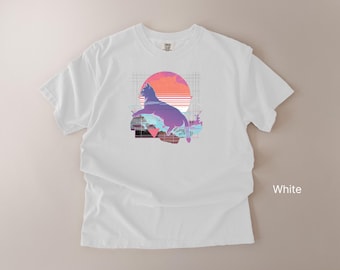 Retro Vaporwave Cat T-Shirt Neon Sunset Tee 80s Synth wave Graphic Shirt