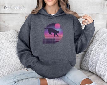 Vaporwave Cat Hoodie, Retro 90s Cyber Sunset, Cat Lover Gift
