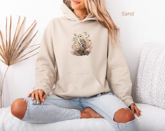 Sudadera con capucha y ilustración de búho común, sudadera con bosque otoñal