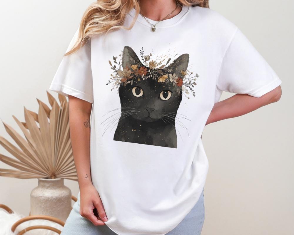 Floral Cat Shirt, Black Cat With Floral Crown, Boho Cat Plants Shirt ...