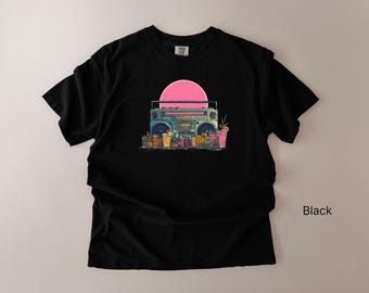 Retro Boombox Sunset T-Shirt, 80s Vaporwave Graphic Tee