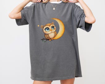 cute moon and Owl Tee Cute Bird Shirt, sleep wear, Lunar T-Shirt, Nature Apparel, Cozy comfort color owl shirt gift for friend gift for mom