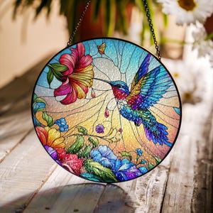 Hummingbird Flower Stained Glass Suncatcher, Memory Sympathy Gift, Bird Suncatcher, Hummingbird Lover Gift, Gift For Her, Gift For Him