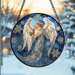Angel Stained Glass Suncatcher Decor Christmas angel Whimsical Winter Angel Suncatcher religious gift Christmas decoration christening gift