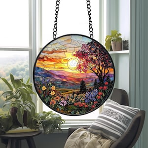 Mountain Landscape Stained Glass Suncatcher For Xmas Decor, Window Hanging Ornament, Mountain Vintage Art Gift, Christmas Gift for Friend