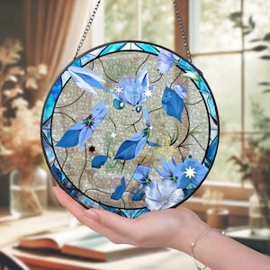 Handcrafted Pokemon Glass Suncatcher, Floral-Inspired Pokemon Window Art, Gift for Collectors & Nature Decor, Pokemon GlassArt P118992LV