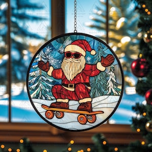 Bigfoot Skateboard Stained Glass Suncatcher For Christmas Hanging Decor, Christmas Ornament Art Gift, Christmas Livingroom Decor Gift