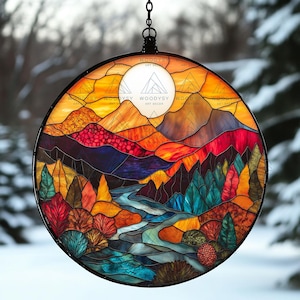 Mountain Range Stained Glass Suncatcher For Xmas Decor, Mountain Art Hanging Ornament, Mountain Vintage Art Gift, Christmas Gift for Mom
