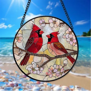 Atrapasol de vidrio de color cardenal rojo, arte de vidrio con pájaros, colgante para ventana, amante de los pájaros cardenal, regalo para amantes de los cardenales, regalos conmemorativos de cardenal