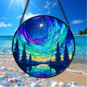 Stained Glass Aurora Borealis Suncatcher Hanging, Forest Aurora Suncatcher, Handcrafted Northern Lights Decor, Glass Art for Nature Lover