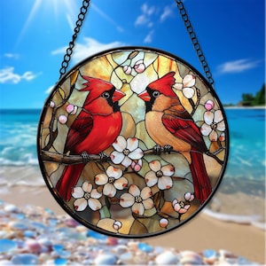 Atrapasol de vidrio de color cardenal rojo, arte de vidrio con pájaros, colgante para ventana, amante de los pájaros cardenal, regalo para amantes de los cardenales, regalos conmemorativos de cardenal