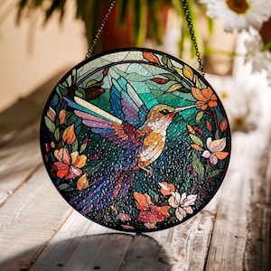 Hummingbird Flower Stained Glass Window Hanging, Wildflowers Window Hanging, Hummingbird Suncatcher, Hummingbird Lover, Christmas Gift
