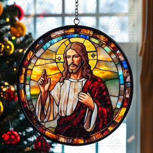 Jesus Christ Father Stained Glass Suncatcher For Christmas Hanging Decor, Christmas Ornament Art Gift, Christmas Livingroom Gift For Father