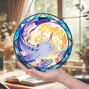 Handcrafted Narwhal Glass Suncatcher, Dreamy Ocean-Inspired Window Art, Cute Animal Decor, Perfect Gift for Kids & Fantasy Lovers P199497LV