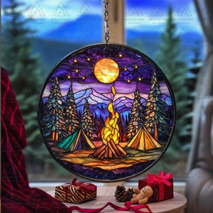 Campfire Night Stained Glass Suncatcher For Christmas Decor, Art Hanging Ornament, Vintage Art Gift For Boyfriend, Christmas Gift For Mom