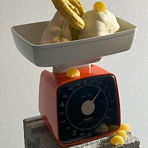 Può includere: Una bilancia da cucina KRUPS arancione e nera vintage con un vassoio bianco contenente zucchine gialle e conchiglie di pasta. La bilancia è su un blocco di cemento grigio, con conchiglie di pasta sparse. La bilancia misura fino a 5 kg.