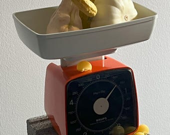 May include: A vintage orange and black KRUPS kitchen scale with a white tray holding yellow squash and pasta shells. The scale sits on a gray cinder block, with pasta shells scattered around. The scale measures up to 5 kg.