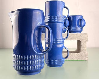 Vintage Cobalt Blue Pitcher and 6-Cup Set – 1970s Spanish Ceramic, Vitrosan