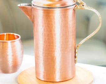Handmade Hammered Design Copper Pitcher, Copper Water Pitcher, Unique Copper Jug, Boho Copper Pitcher, Copper Kitchen Decor, Gift for Mom