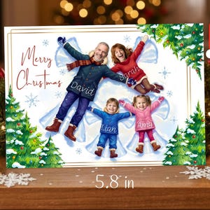 Customizable family Christmas card template, Snow Angels, family portrait with names, family Christmas greeting to insert a face photo