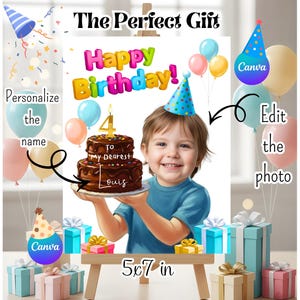 Puede incluir: Ilustración digital de un niño sosteniendo un pastel de cumpleaños de chocolate con una vela encendida. La imagen incluye globos, cajas de regalo y el texto "Happy Birthday!" y "To my Dearest Louis". La imagen mide 12,7 x 17,8 cm.