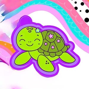May include: A cartoon turtle sticker with a smiling face, green body, and a flower on its head. The turtle's shell is green with pink star accents, outlined in purple. The background features colorful wavy lines and polka dots.