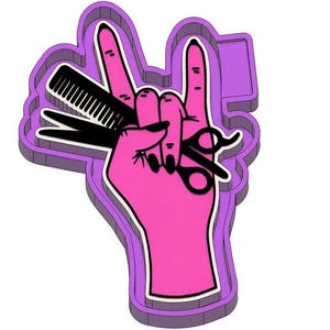 May include: A pink hand making a rock and roll hand gesture, holding a pair of black scissors and a black and silver comb.