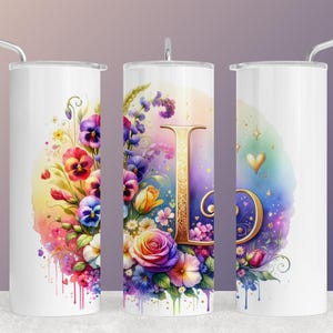 Schöne Buchstabe L Floral Design Tumbler Wrap für Sublimation - Instant Download - 20 oz Aquarell Kunst
