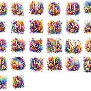 Alphabet de A à Z entouré de fleurs aquarelles vibrantes - Idéal pour les invitations et les cartes de voeux