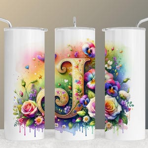 Envoltura para vaso con letra J con diseño floral caprichoso, descarga instantánea para diseño de sublimación de 20 oz: arte colorido y encantador
