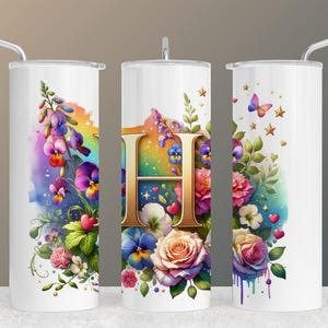 Envoltório de copo com letra H ornamentada com flores vibrantes e borboletas caprichosas - Design de sublimação para download instantâneo para copos de 20 oz