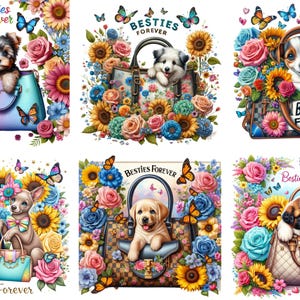 Entzückender Yorkshire Terrier-Welpe mit Stilvoller Handtasche und bunten Blumen - Besties Forever Clipart Design