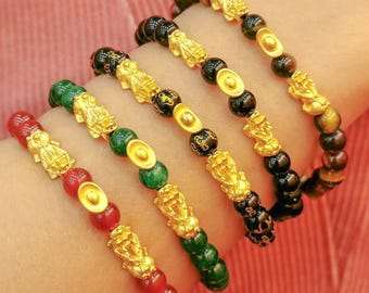 Bransoletka Piyao Pixiu ze złota 24k: amulet Feng Shui z tygrysim okiem i jadeitem