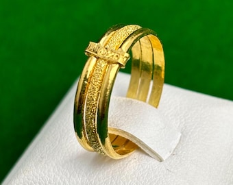 24K Yellow Gold Wide Band Ring: Thai Handmade Lucky Ring
