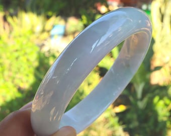 63mm Natural White Jadeite Jade Bangle – Grade A Untreated Burmese Jade, Polished Classic Round Bracelet with Certificate