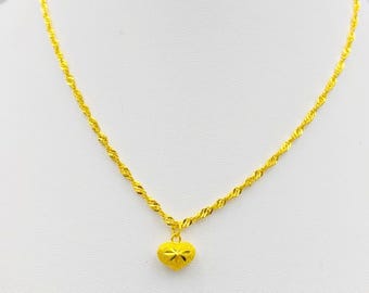 24K Yellow Gold Heart Pendant Necklace: Thai Gold Disco Chain, 20"